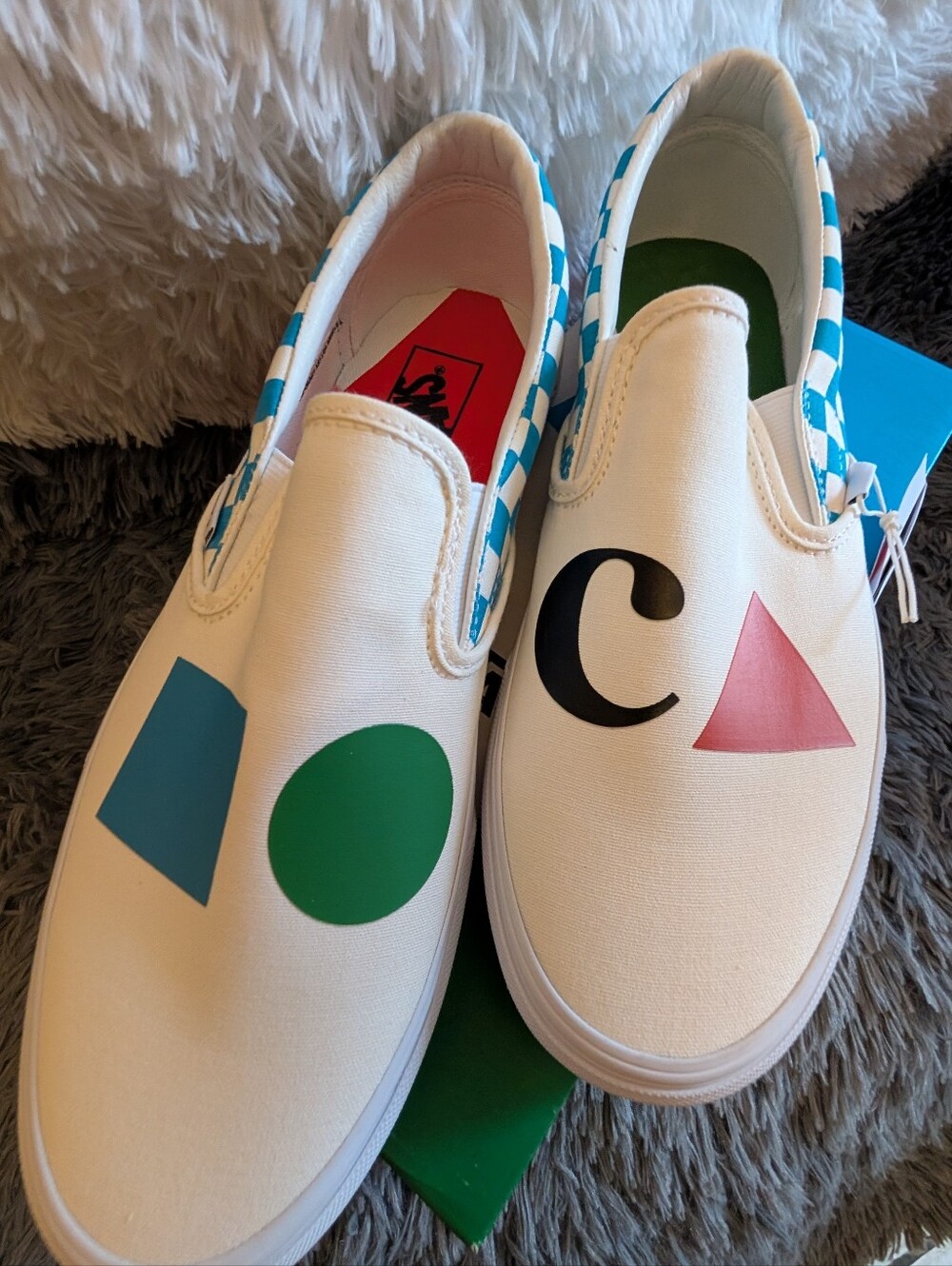 Men's Vans White Slip-On Sneakers with Blue, Green, Pink & Black Shapes